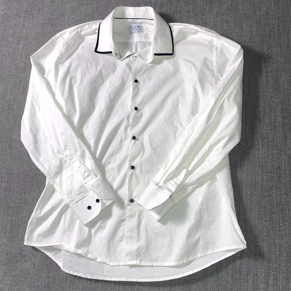 T Fusion By Montee Holland Dress Shirt Men 17-17.5 White Round Hem Business